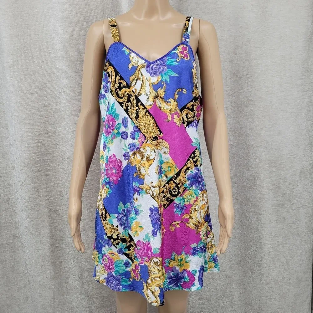 Vintage Satin Floral and Baroque Print Chemsie Slip Dress and Matching Robe Set